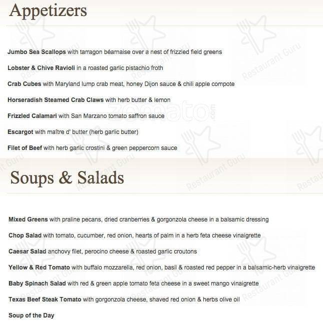 Menu at Dino’s Steak and Claw House steakhouse, Grapevine
