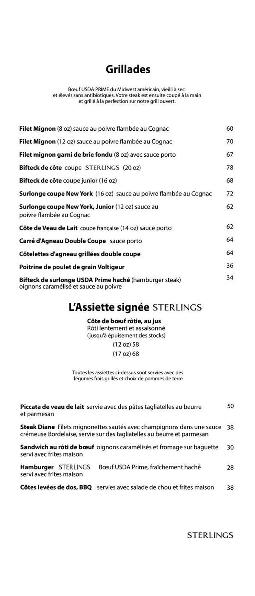 Menu de Sterlings Steakhouse