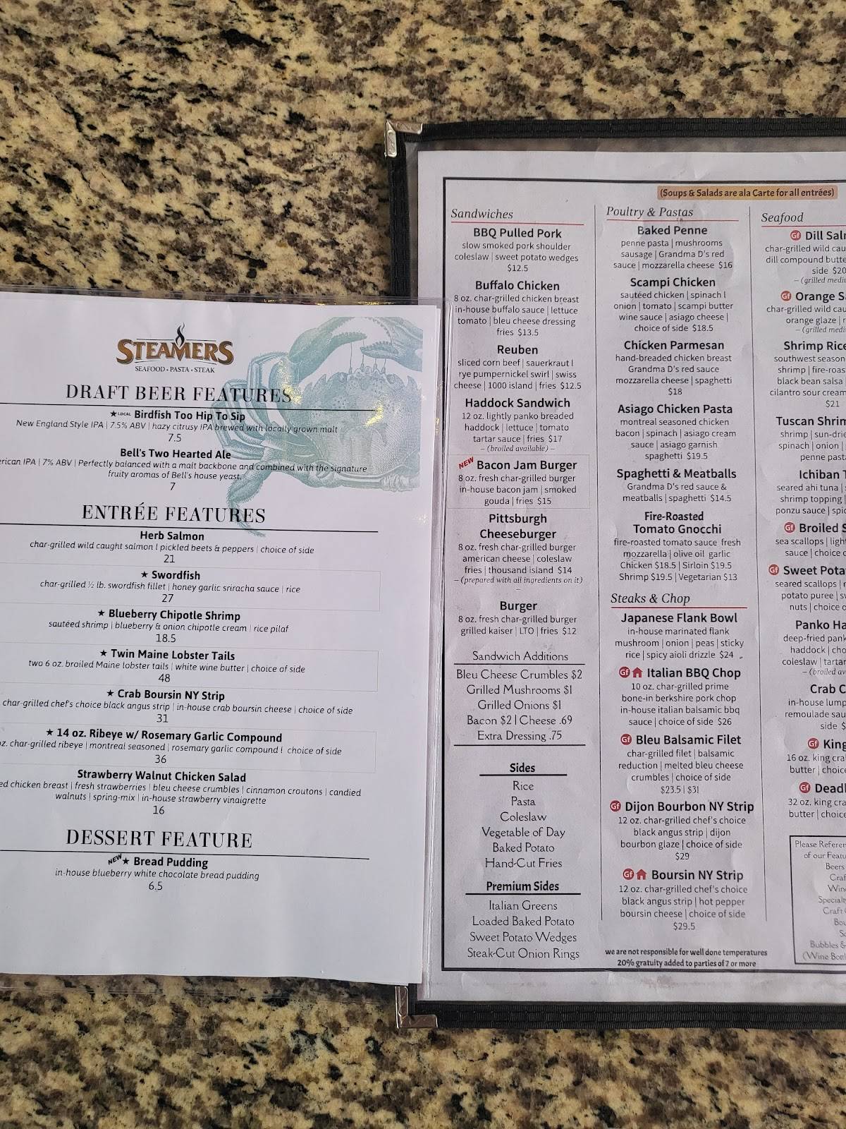 Menu at Steamers Stonewall Tavern steakhouse, North Lima