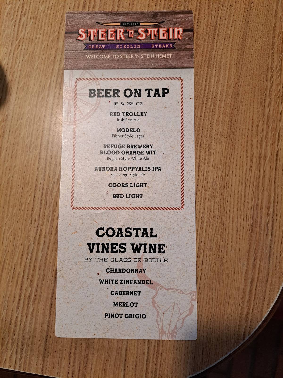 Menu at Steer 'n Stein Restaurant, Hemet