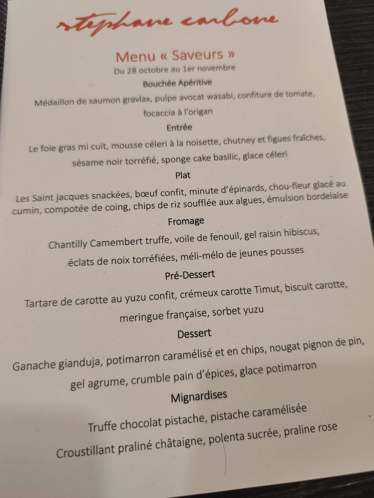 Menu de Stéphane Carbone Restaurant