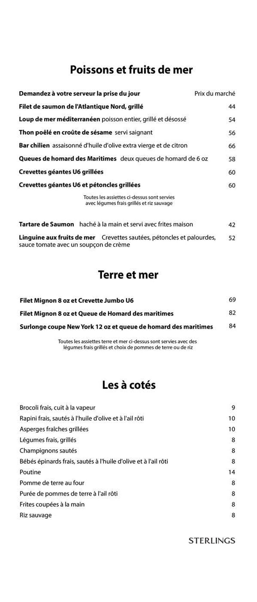 Menu de Sterlings Steakhouse