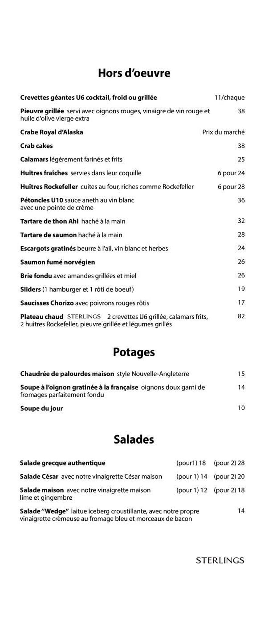 Menu de Sterlings Steakhouse