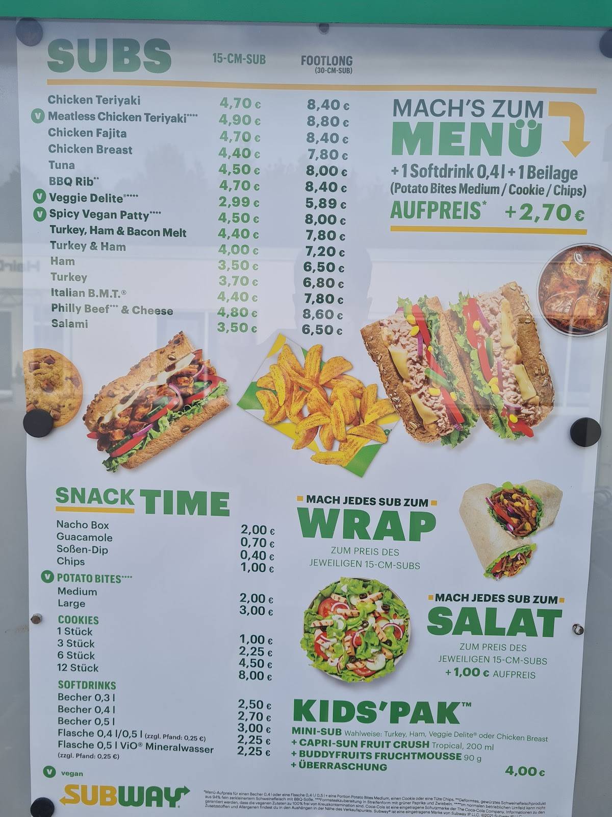 Menu de Subway
