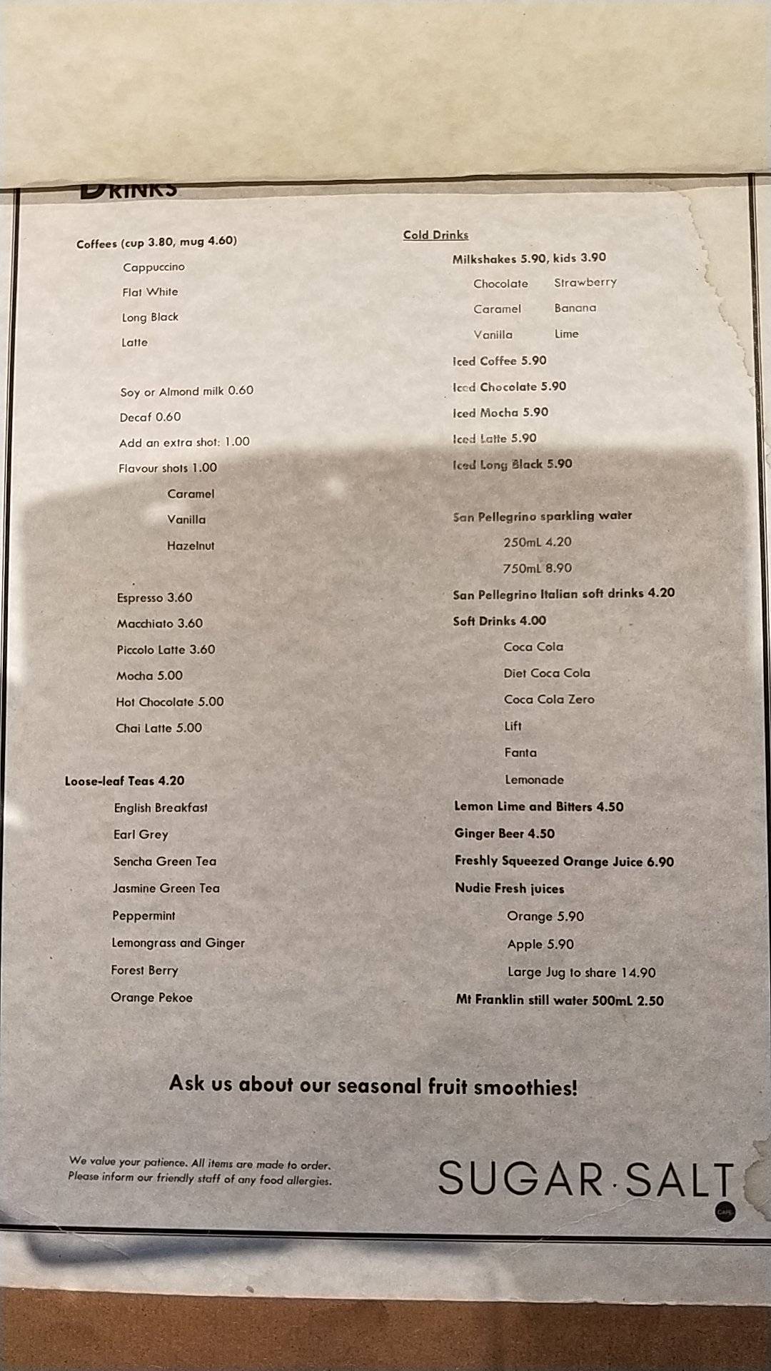 Menu at Sugar Salt Cafe, Galston, 344 Galston Rd
