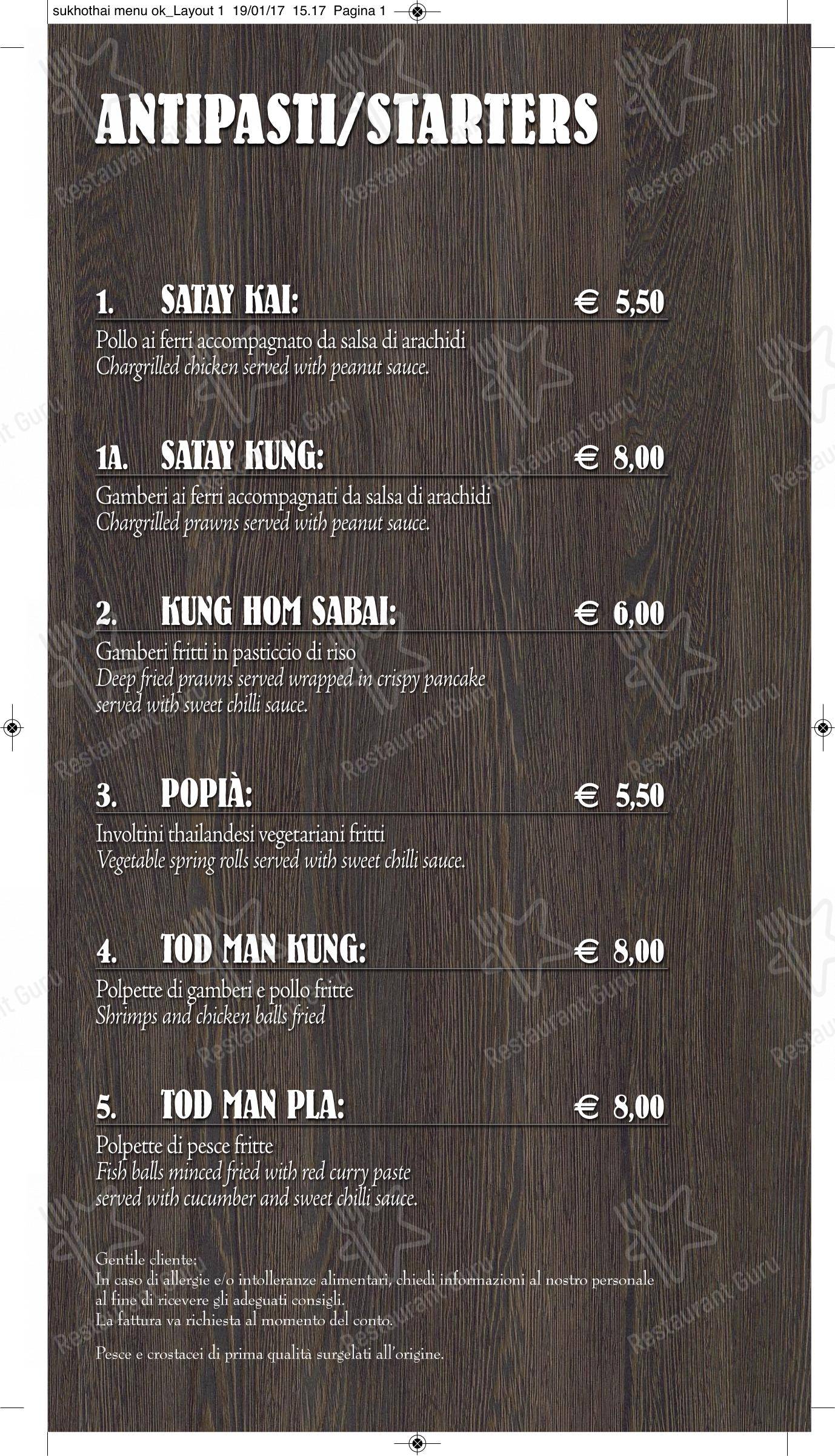 Menu per Sukhothai in Roma