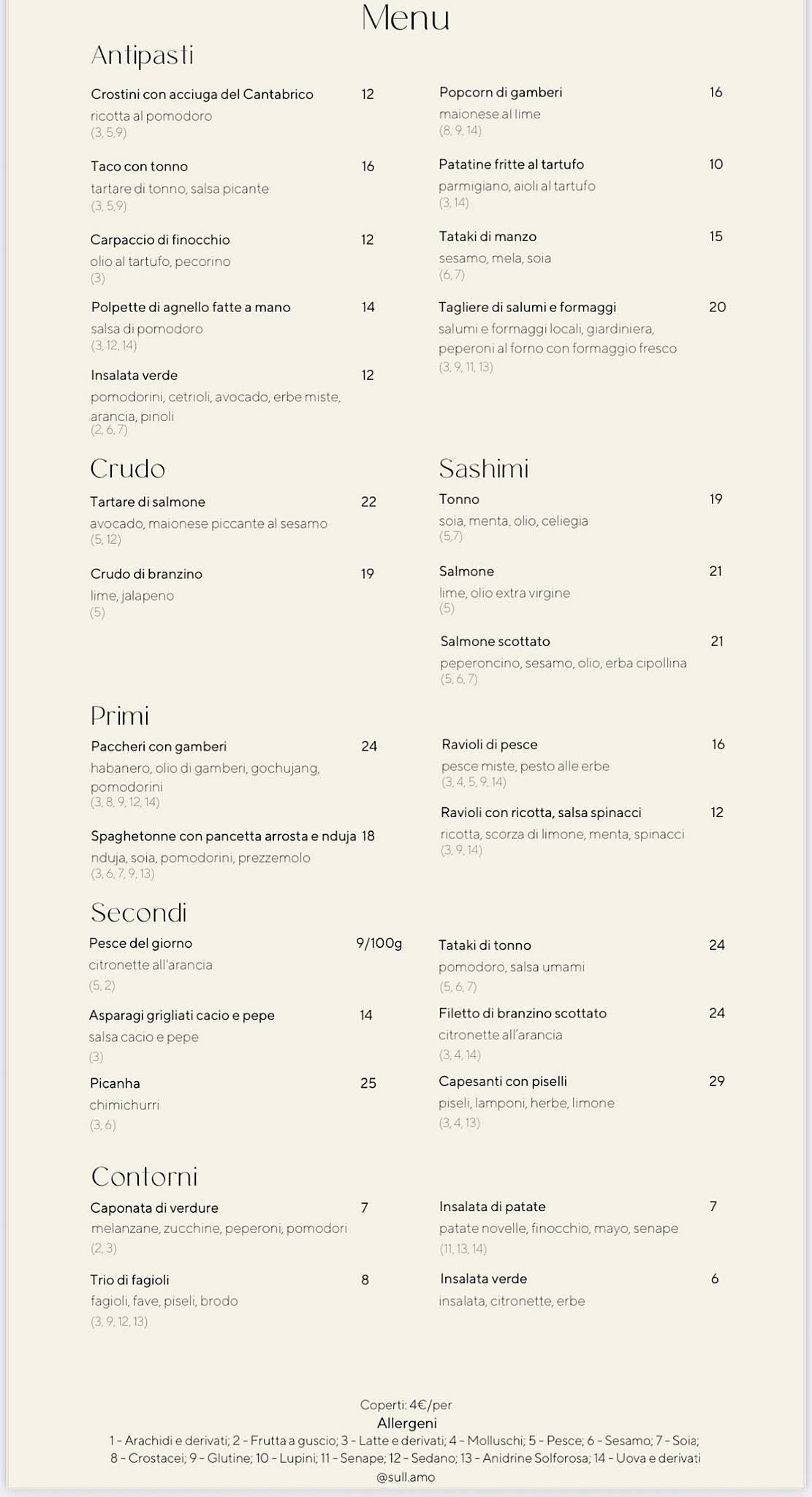 Menu di Sull'Amo Pietrasanta 