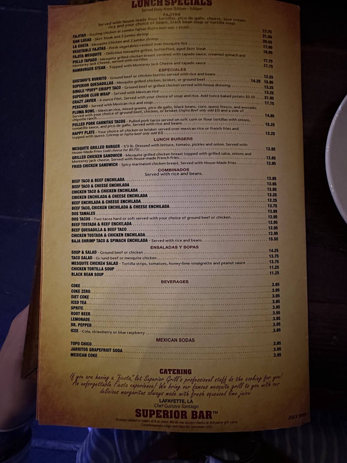 Menu at Superior Grill Lafayette restaurant, Lafayette