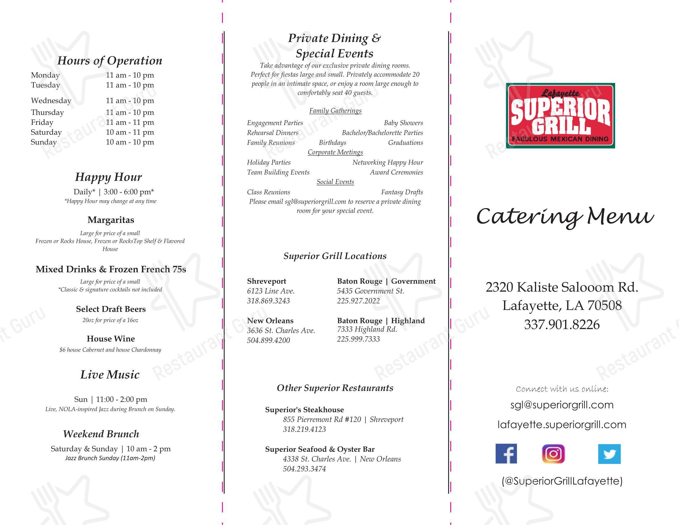 Menu at Superior Grill Lafayette restaurant, Lafayette