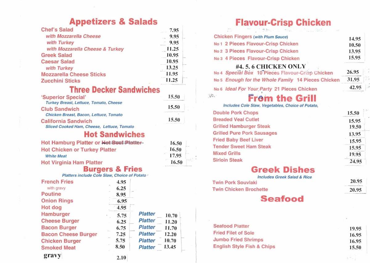 Menu at Superior Restaurant, Mississippi Mills