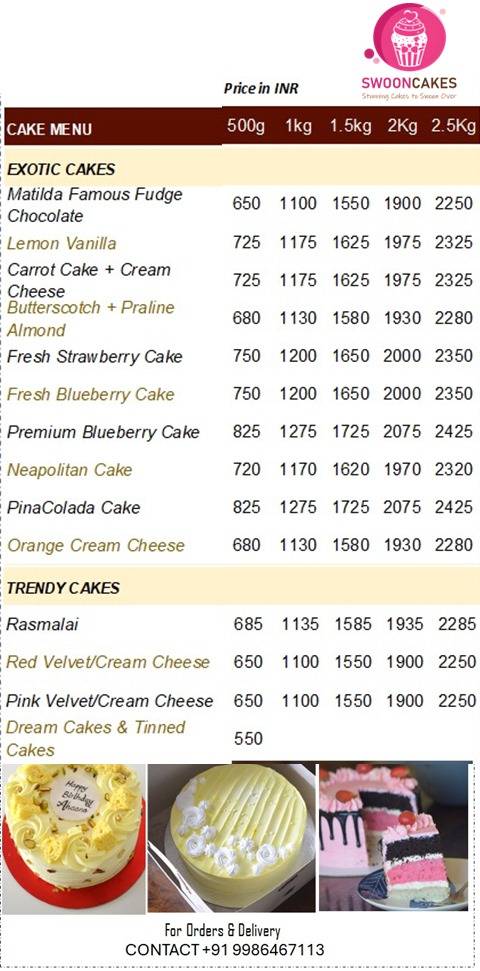 Swoon Cakes menu
