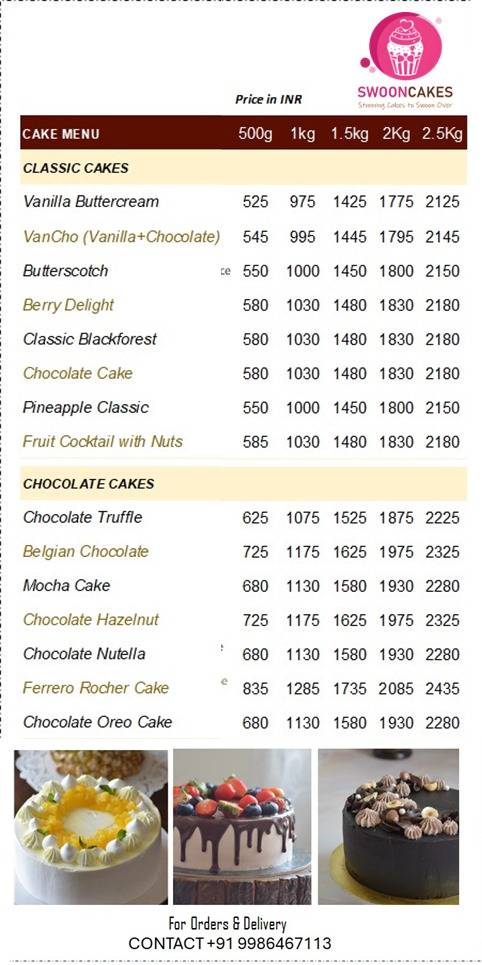 Swoon Cakes menu