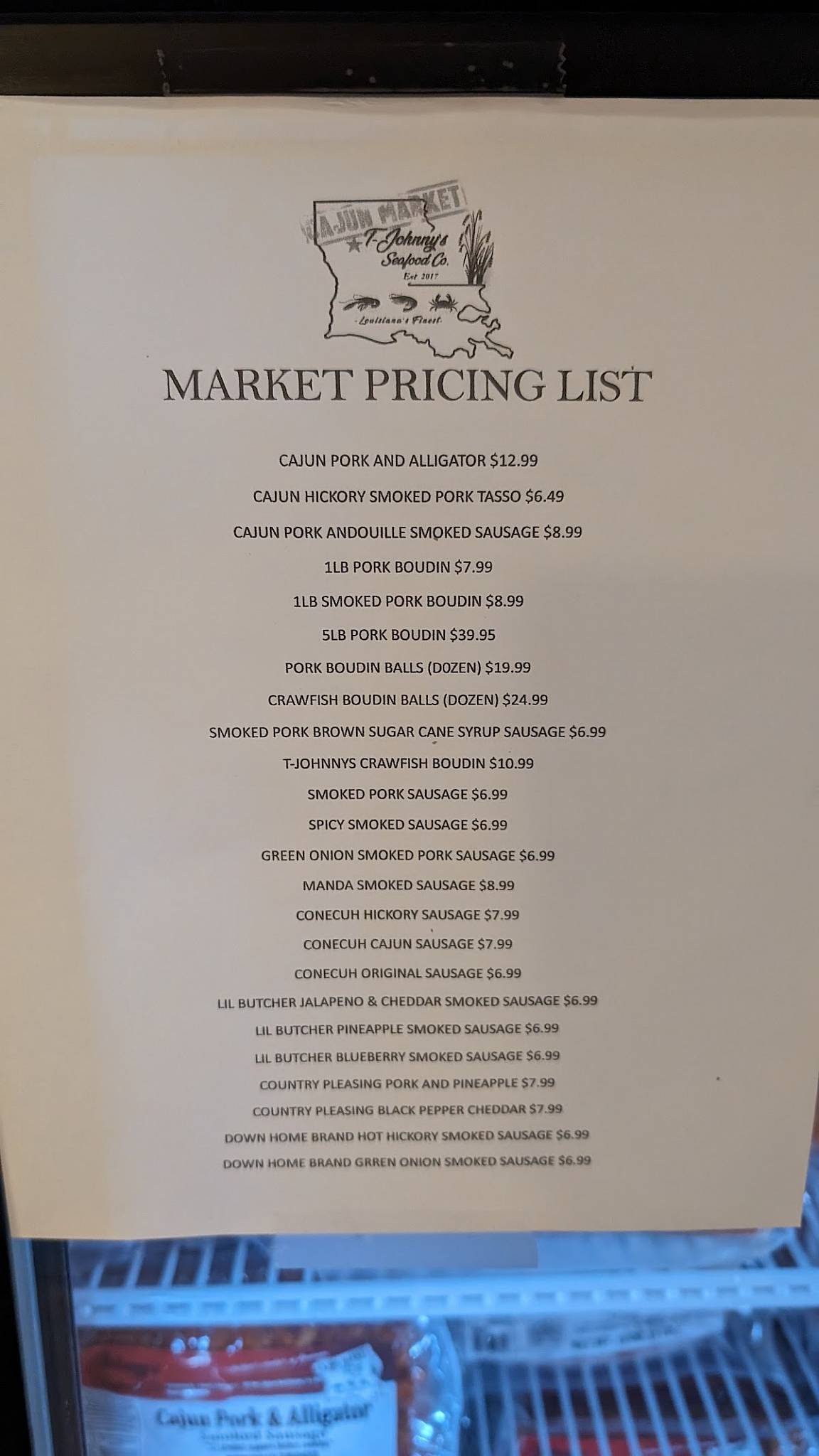 Menu at T-Johnny's Seafood and Cajun Market restaurant, Coweta