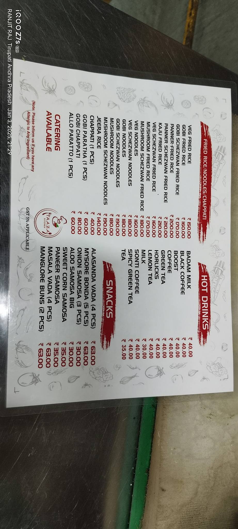 TAAZA KITCHEN menu