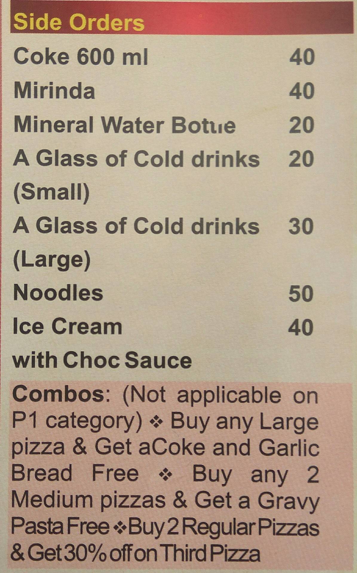 The Pizza Express menu