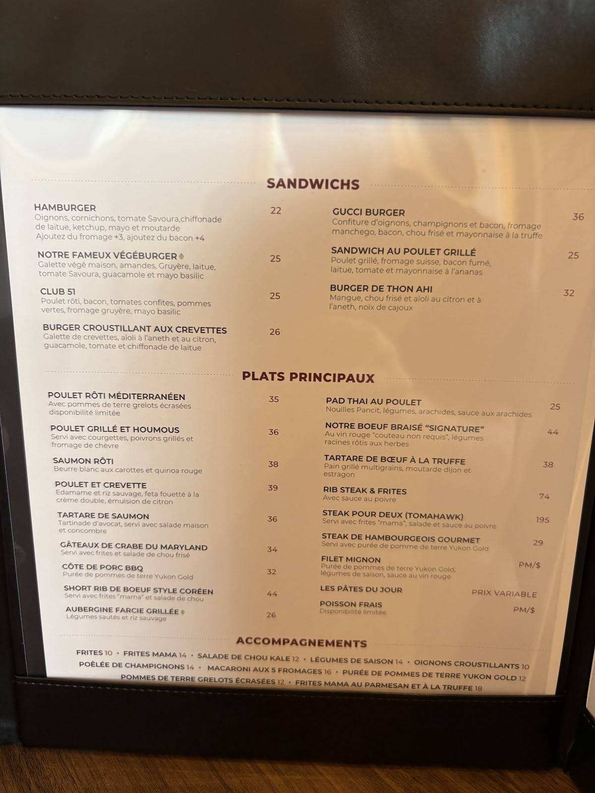 Menu de Table 51 Laval