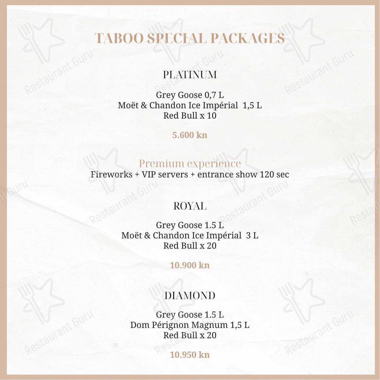Menu per Taboo beach club Split pub & bar