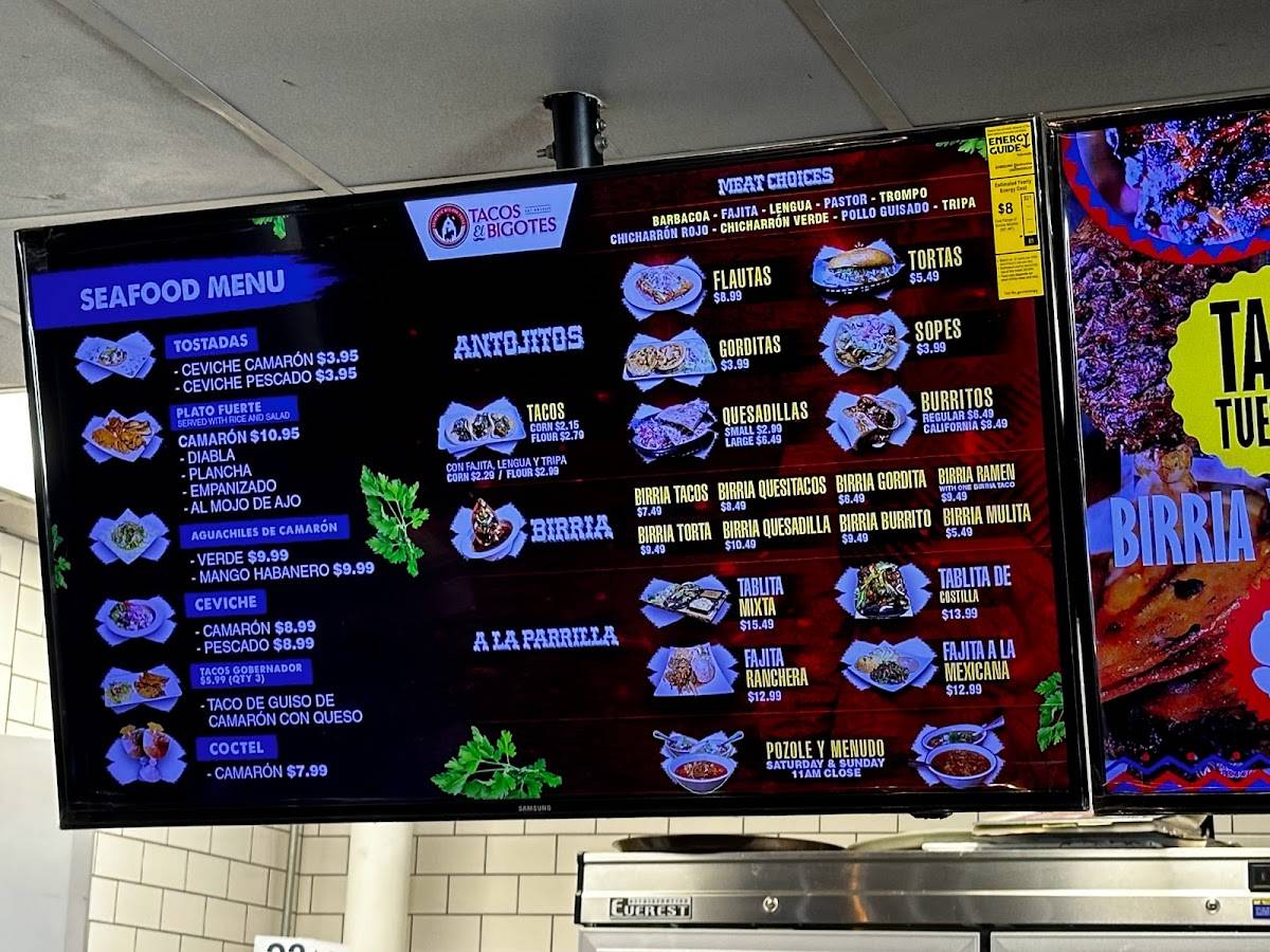 Menu at Tacos El Bigotes restaurant, Houston