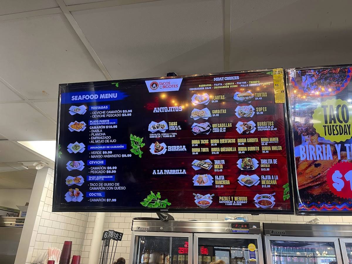 Menu at Tacos El Bigotes restaurant, Houston