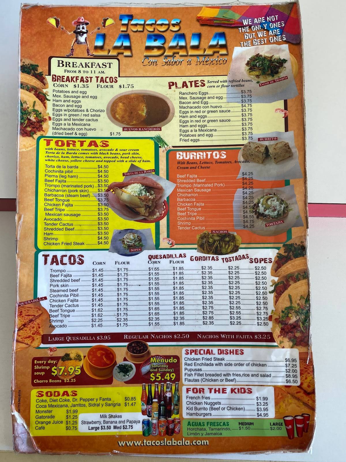 Menu at Tacos La Bala restaurant, Houston, Beechnut St 120