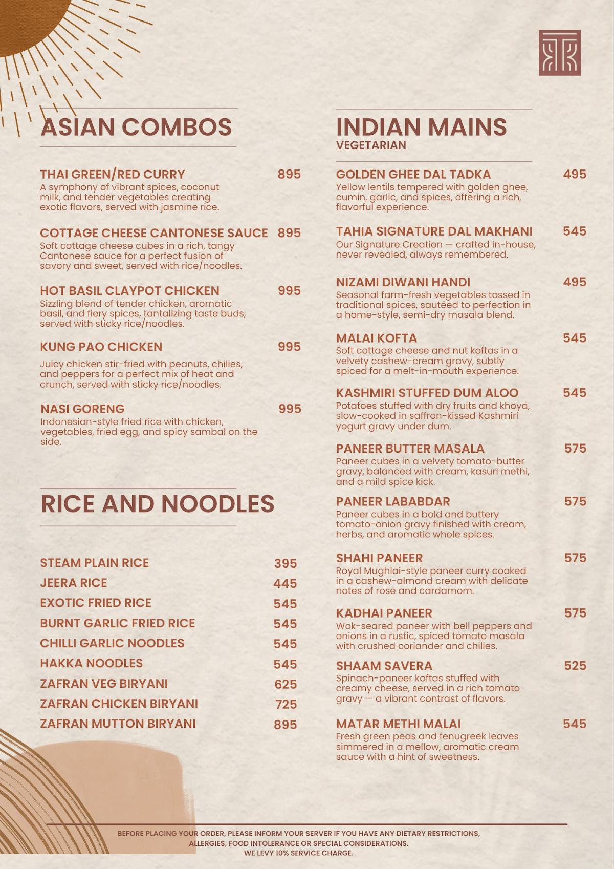 Tahia Rooftop Restaurant & Bar Sundowner Cafe menu