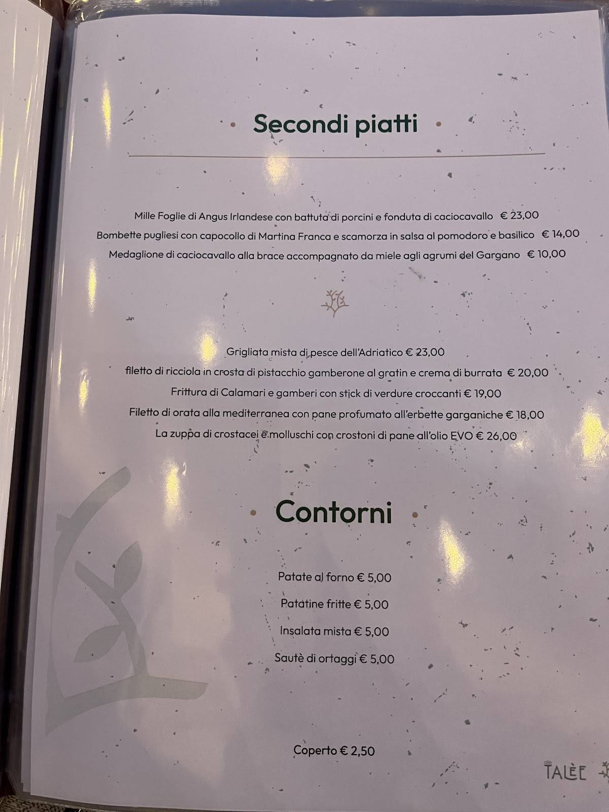 Menu di Talèe Restaurant 