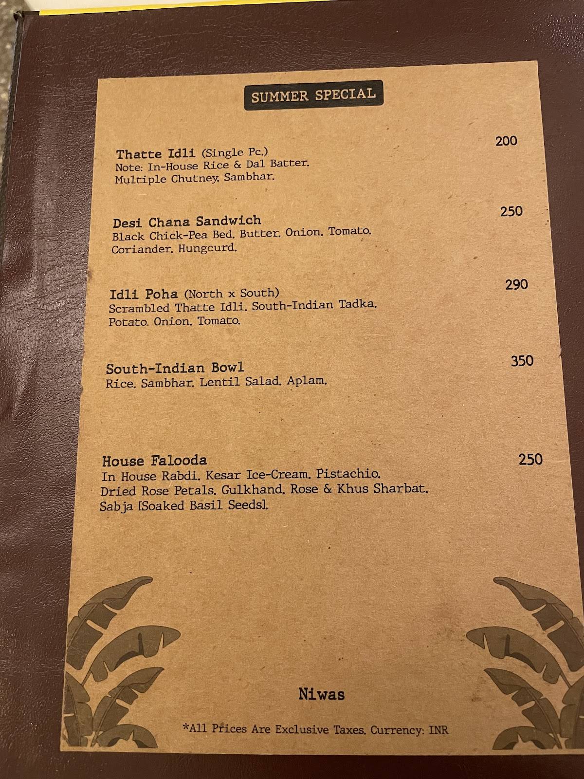 Tapri Niwas menu
