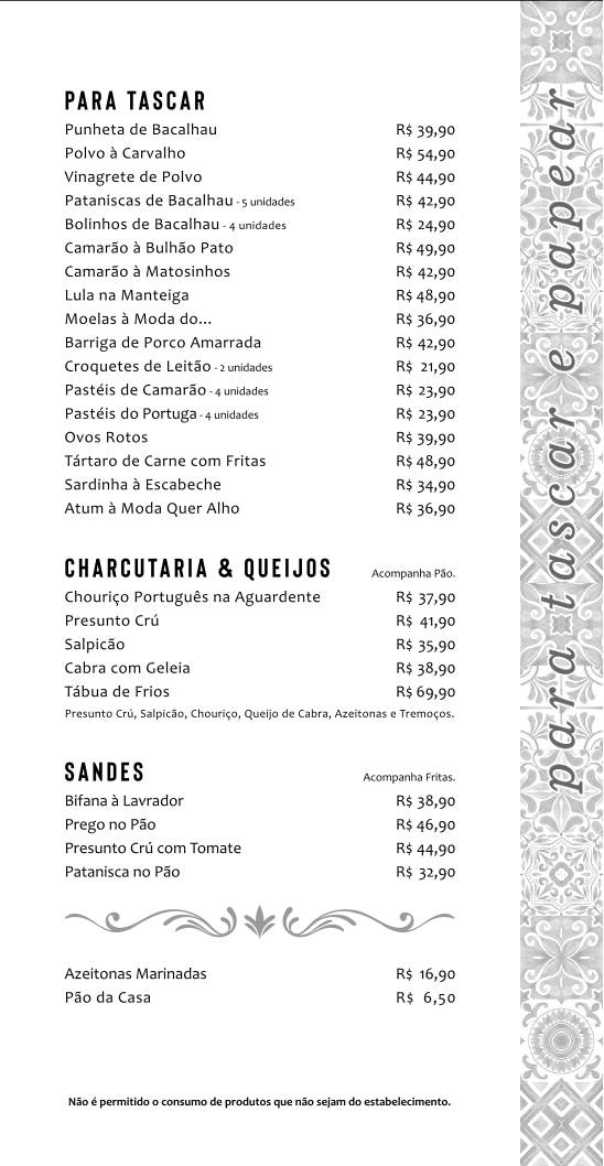 Bar Tasca Carvalho - Copacabana cardápio