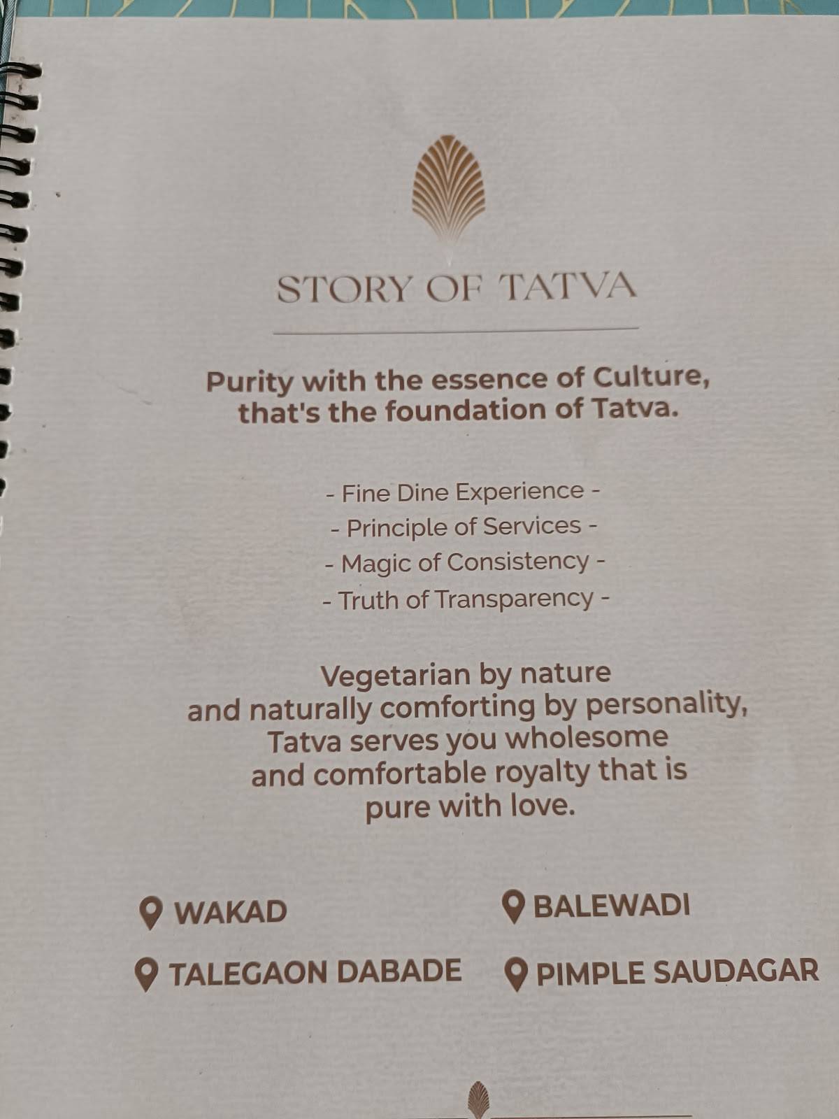 Tatva The vegetarian kitchen menu