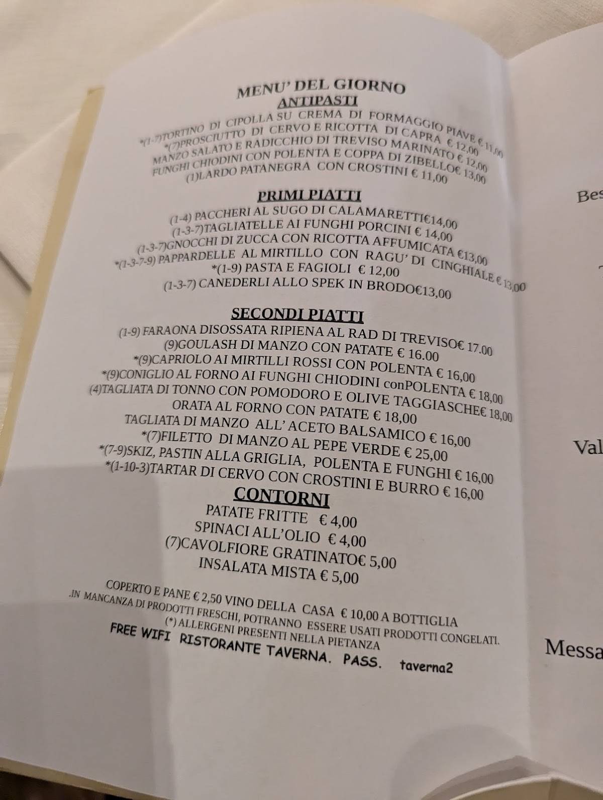 Menu di Ristorante Taverna 