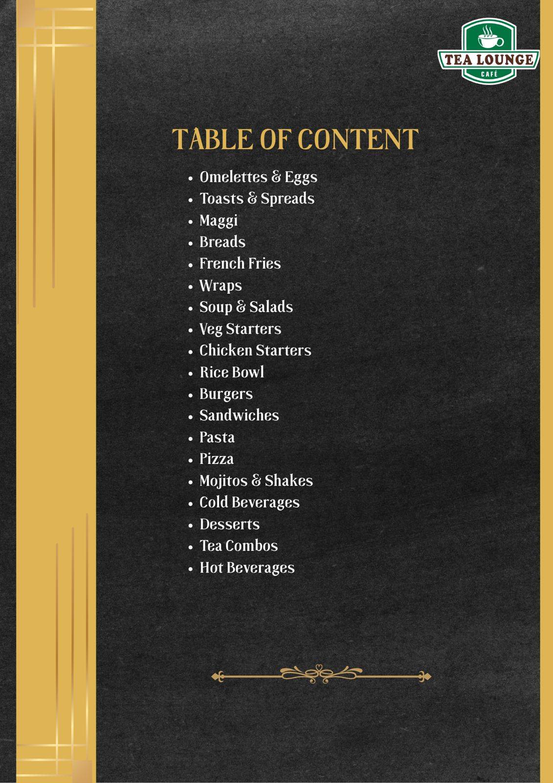Tea Lounge cafe menu