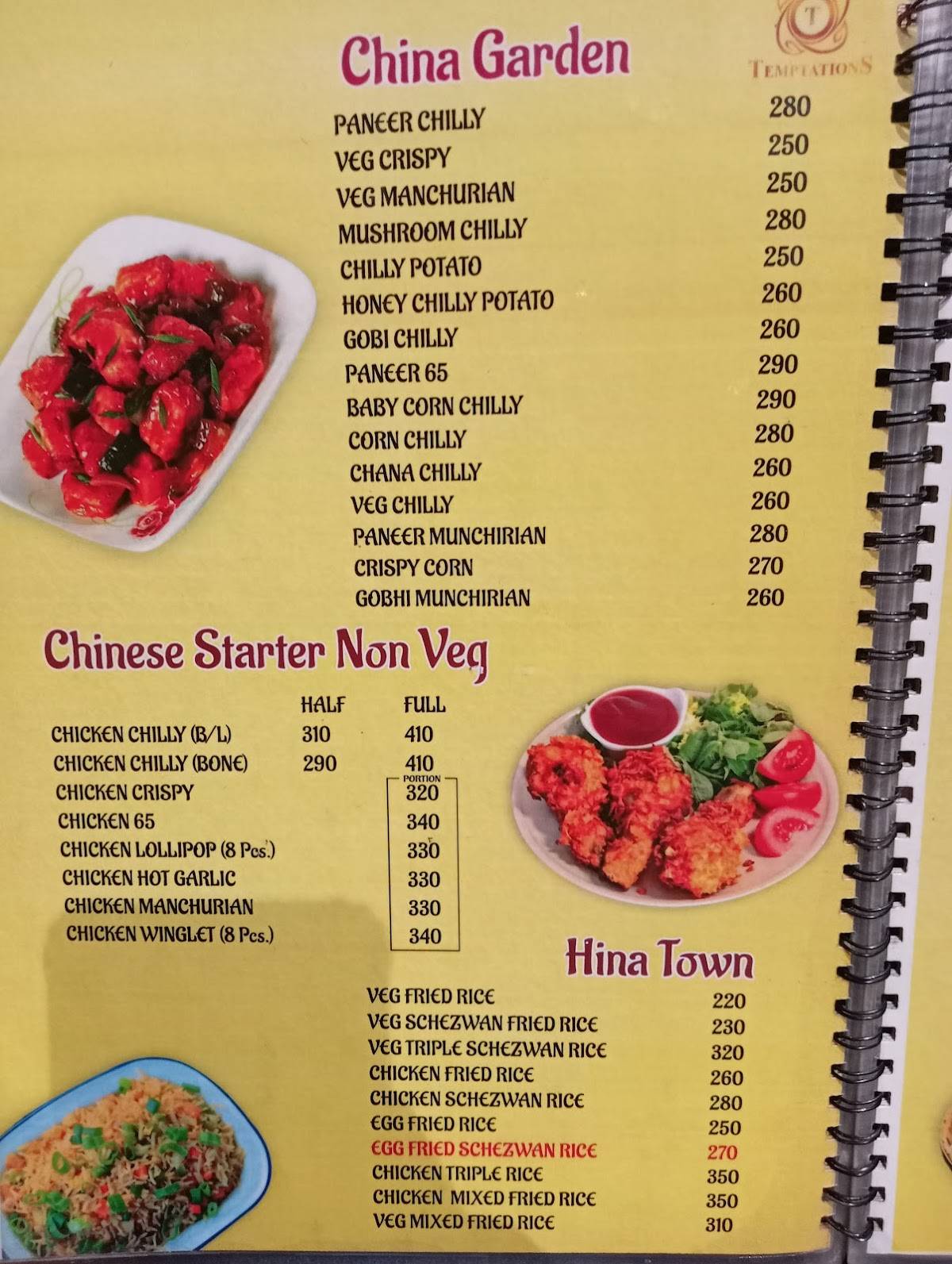 Temptation Restaurant menu