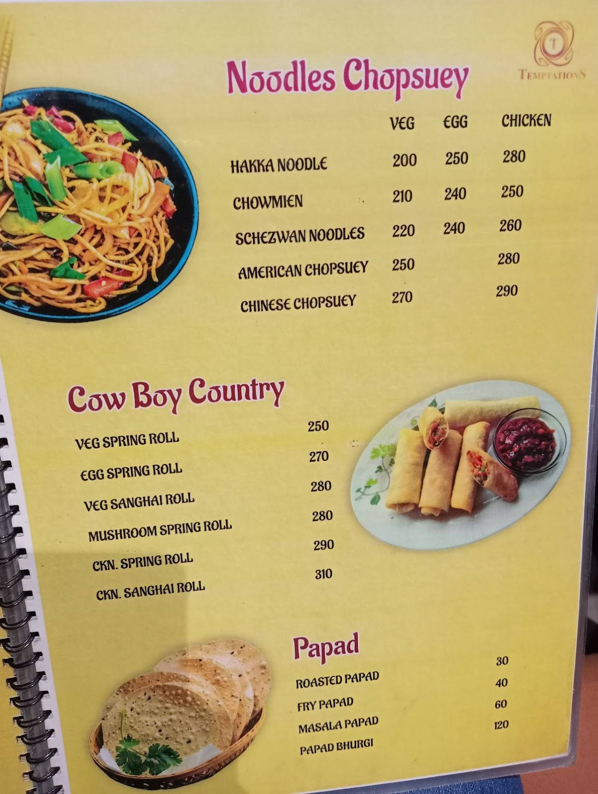 Temptation Restaurant menu