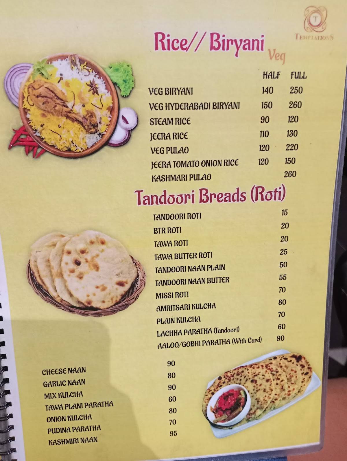 Temptation Restaurant menu