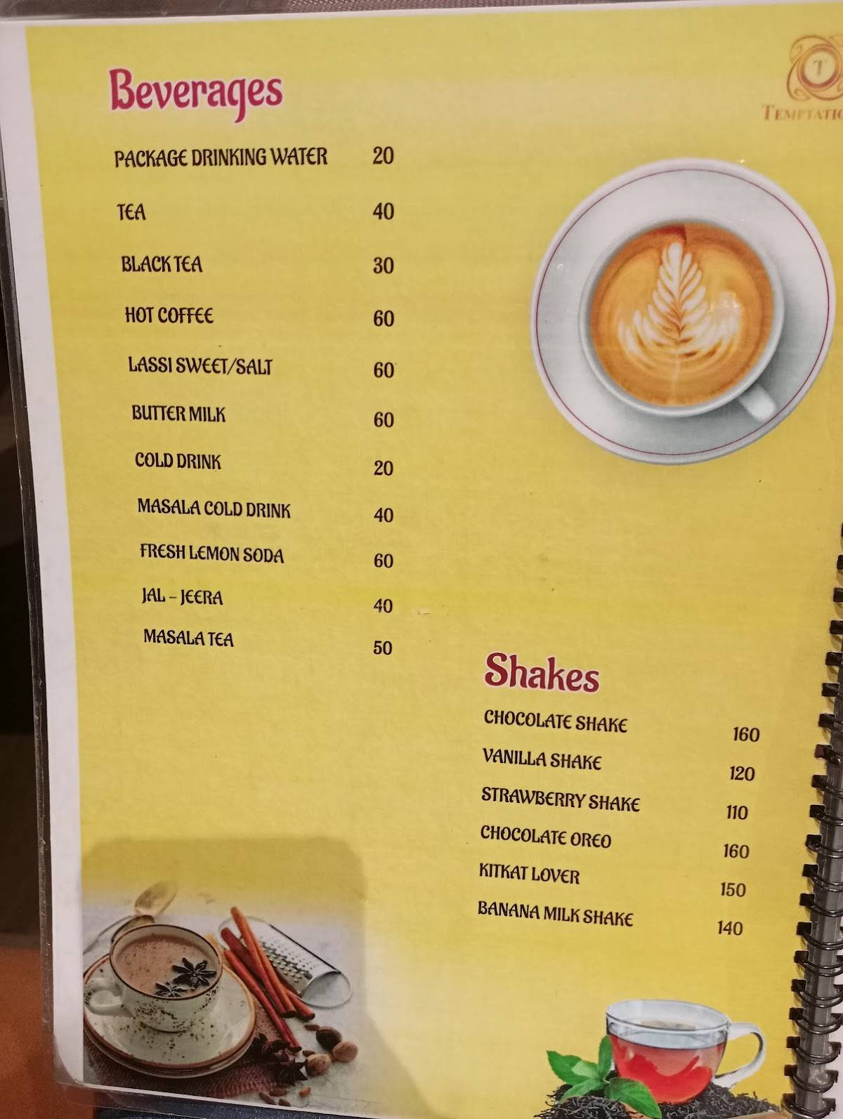 Temptation Restaurant menu