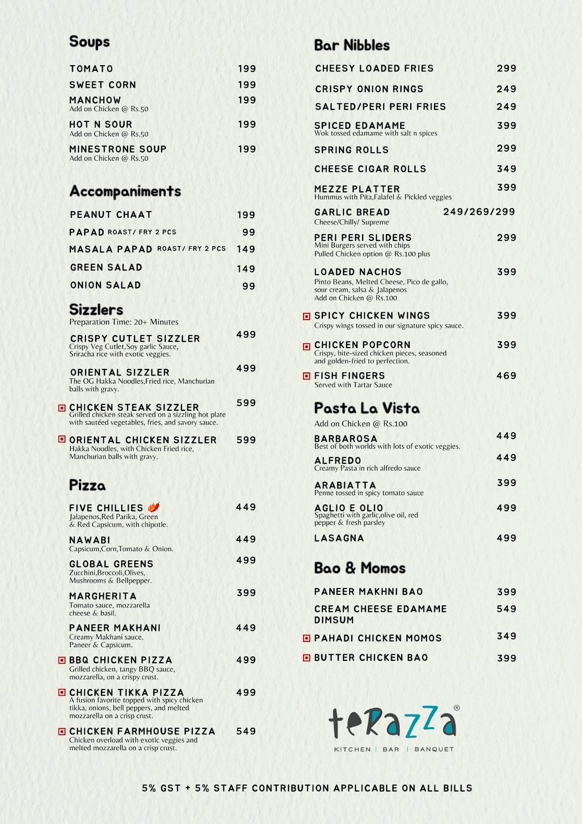 Terazza Bar and Kitchen menu
