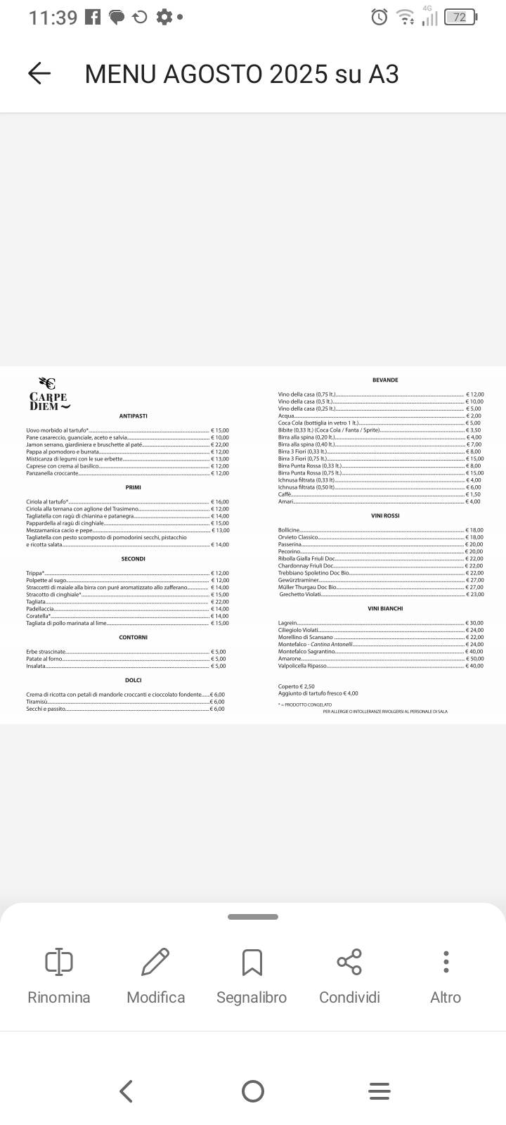 Menu di Trattoria Carpe Diem 