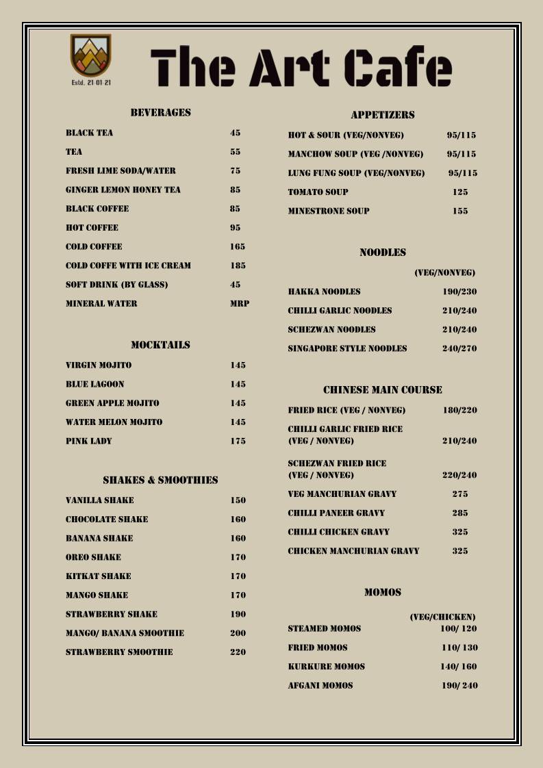 The Art Cafe menu