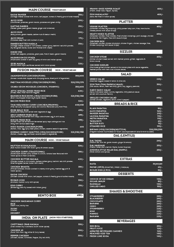 The Attic Lounge menu