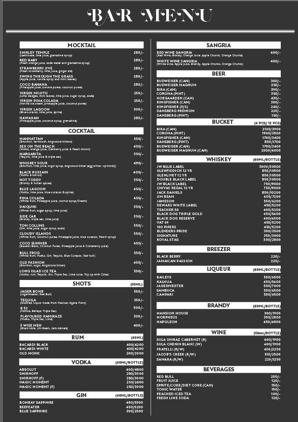 The Attic Lounge menu