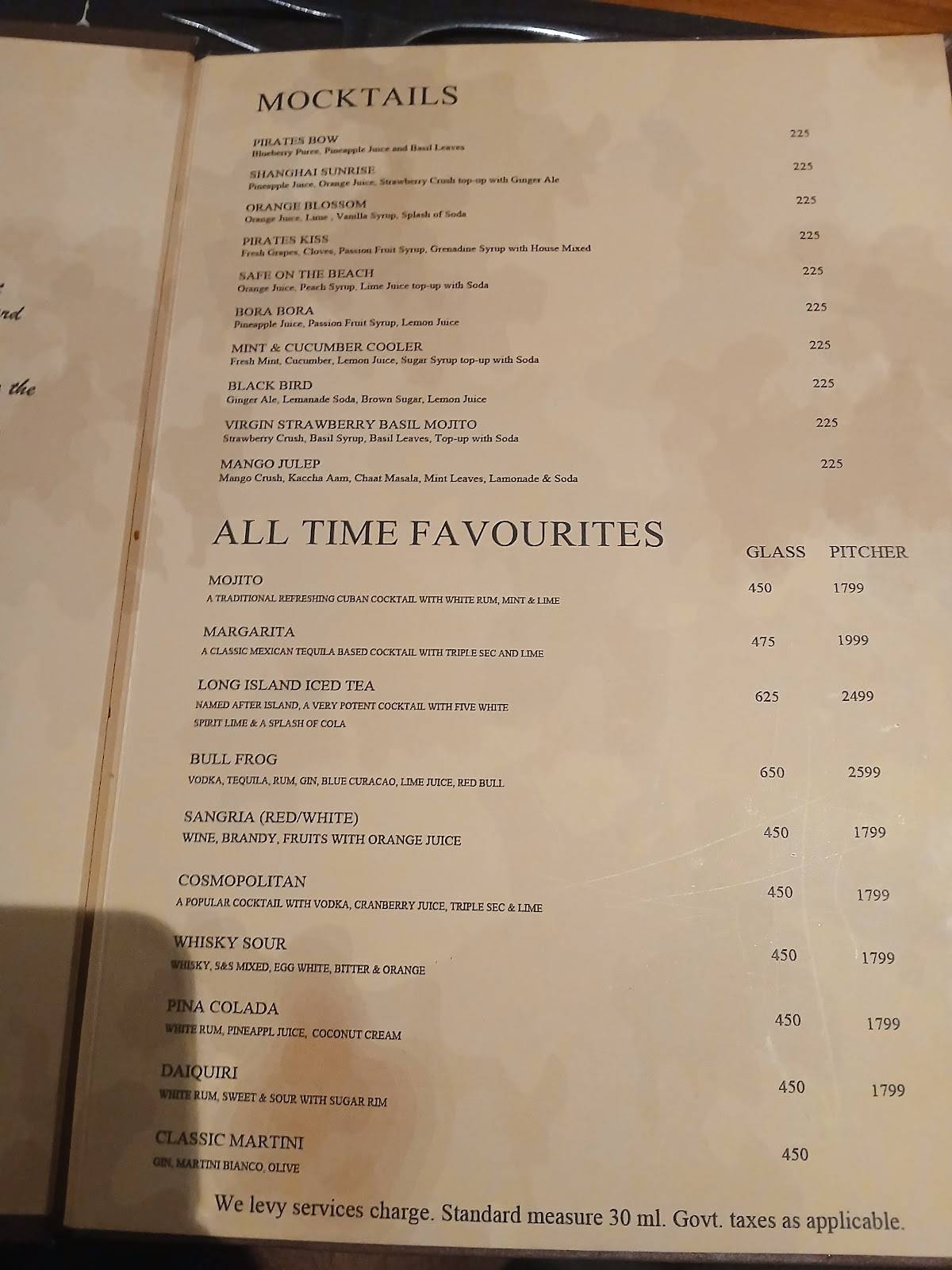 The Black Pearl menu