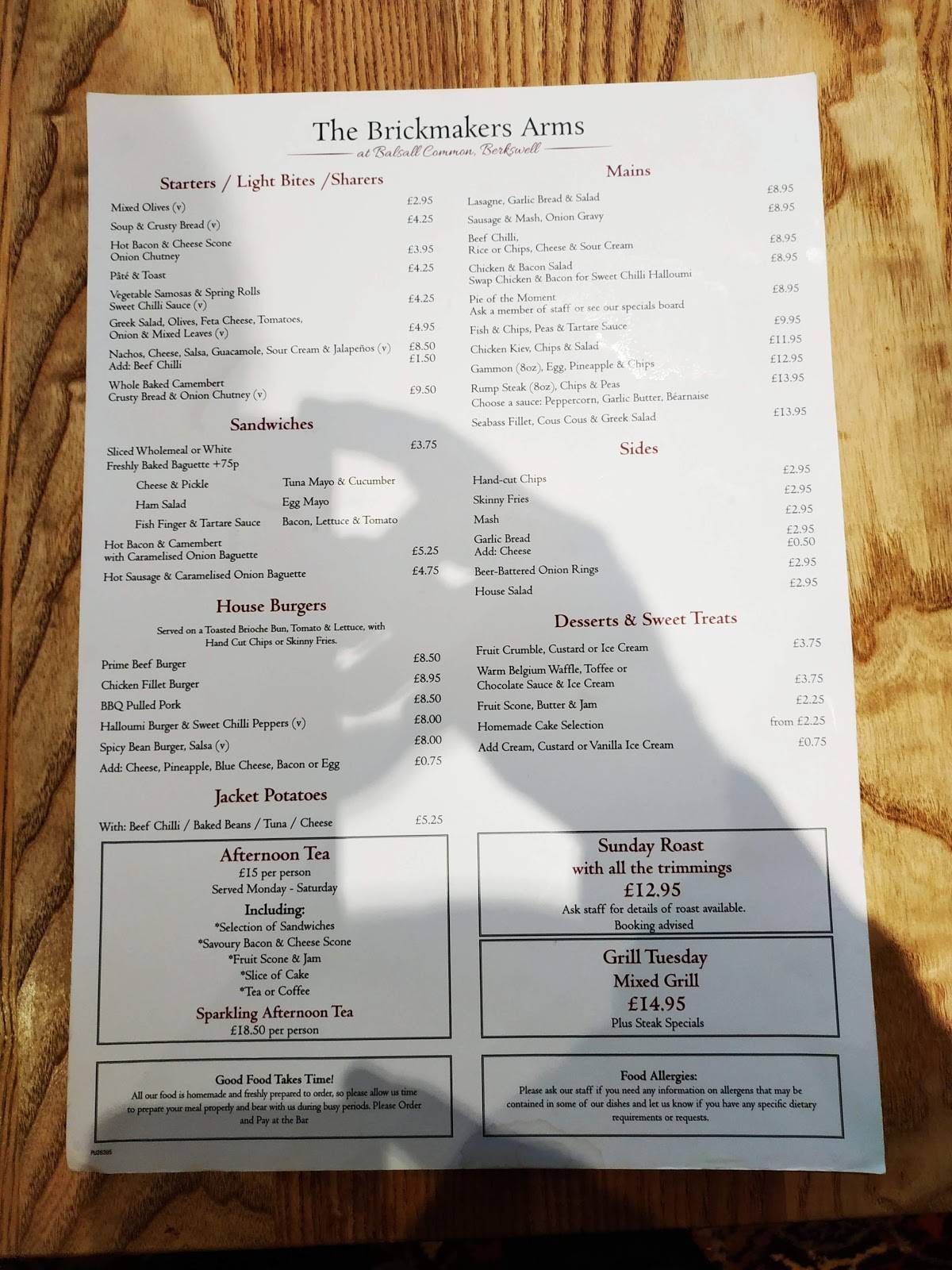 Menu at The Brickmakers Arms pub & bar, Coventry