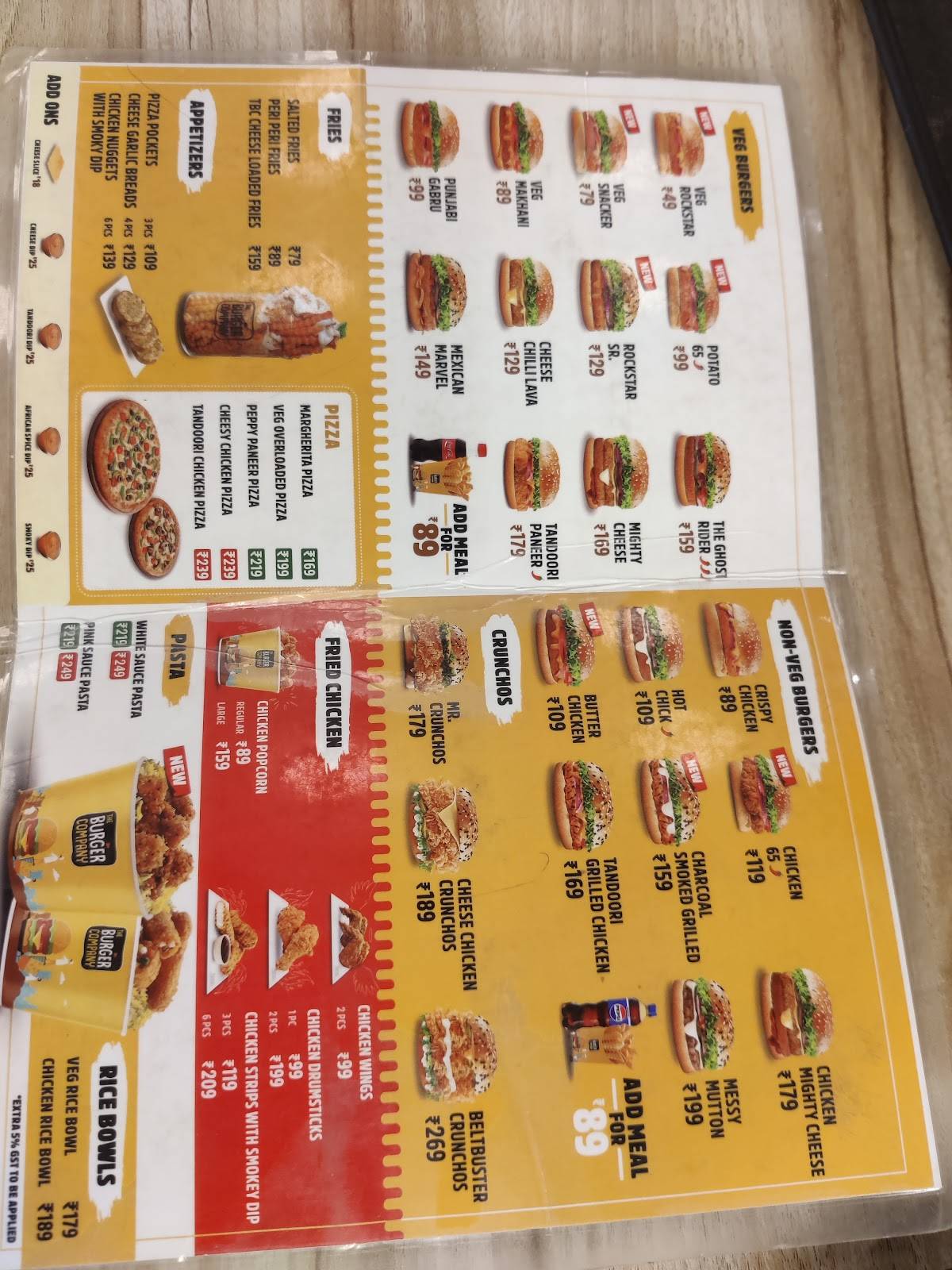 The Burger Company menu