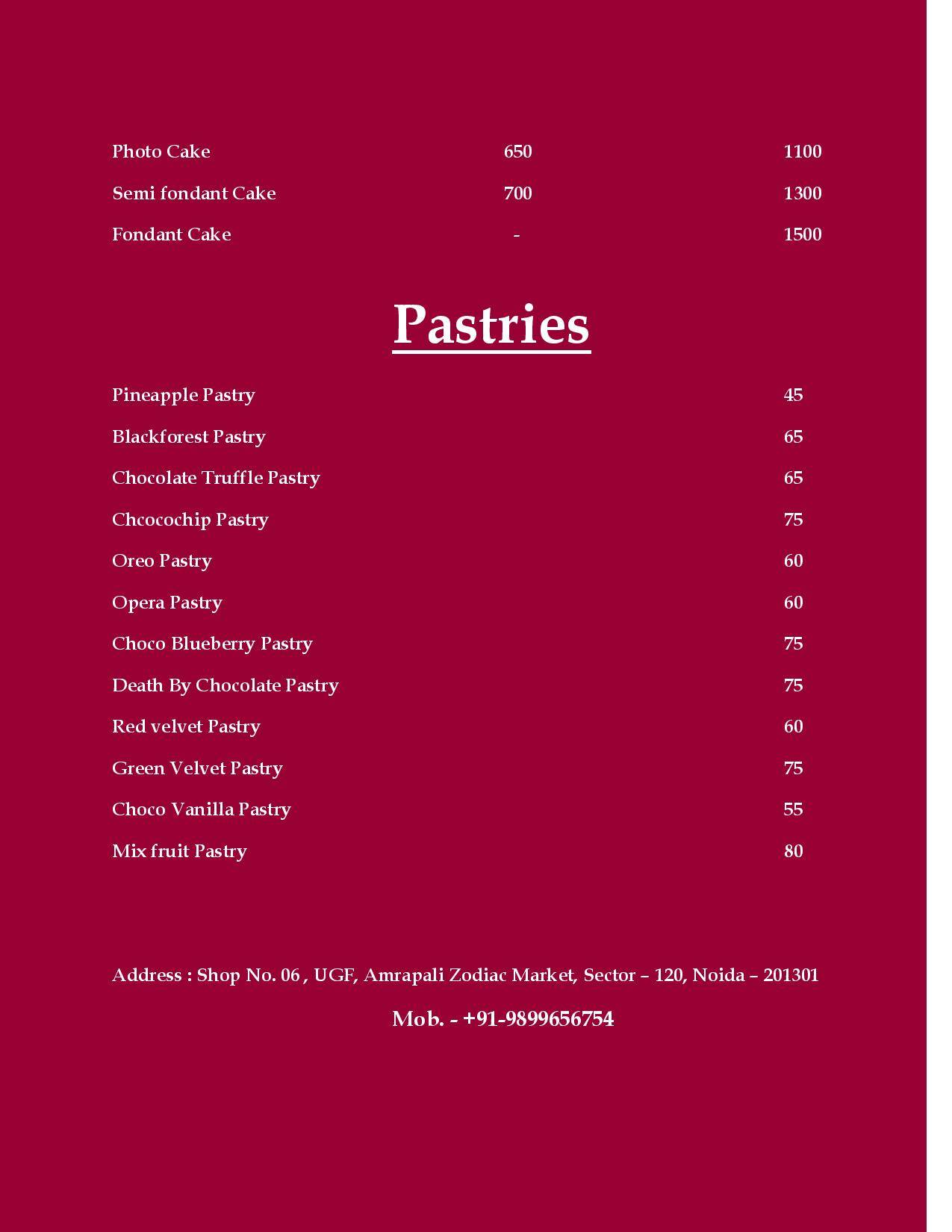 The Cakery Shop menu