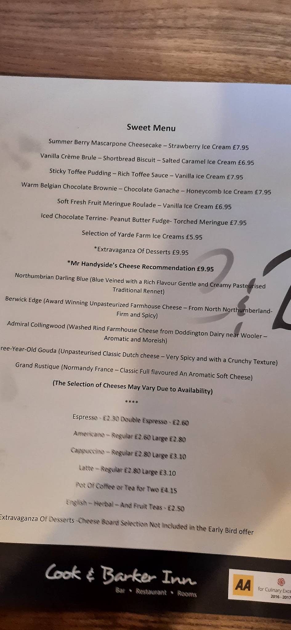 Menu at The Cook & Barker Inn, Longframlington