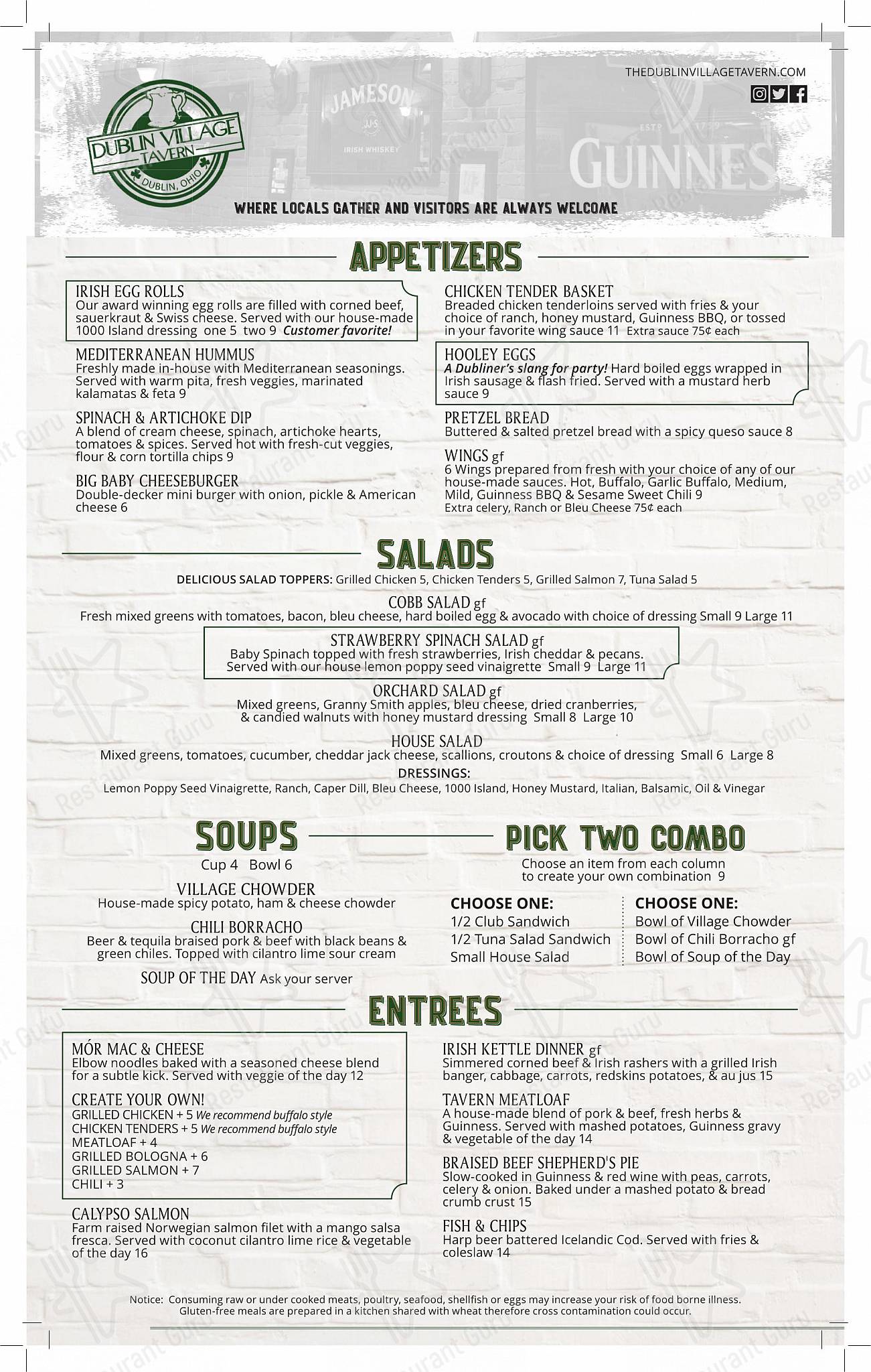 Menu at The Dublin Village Tavern pub & bar, Dublin