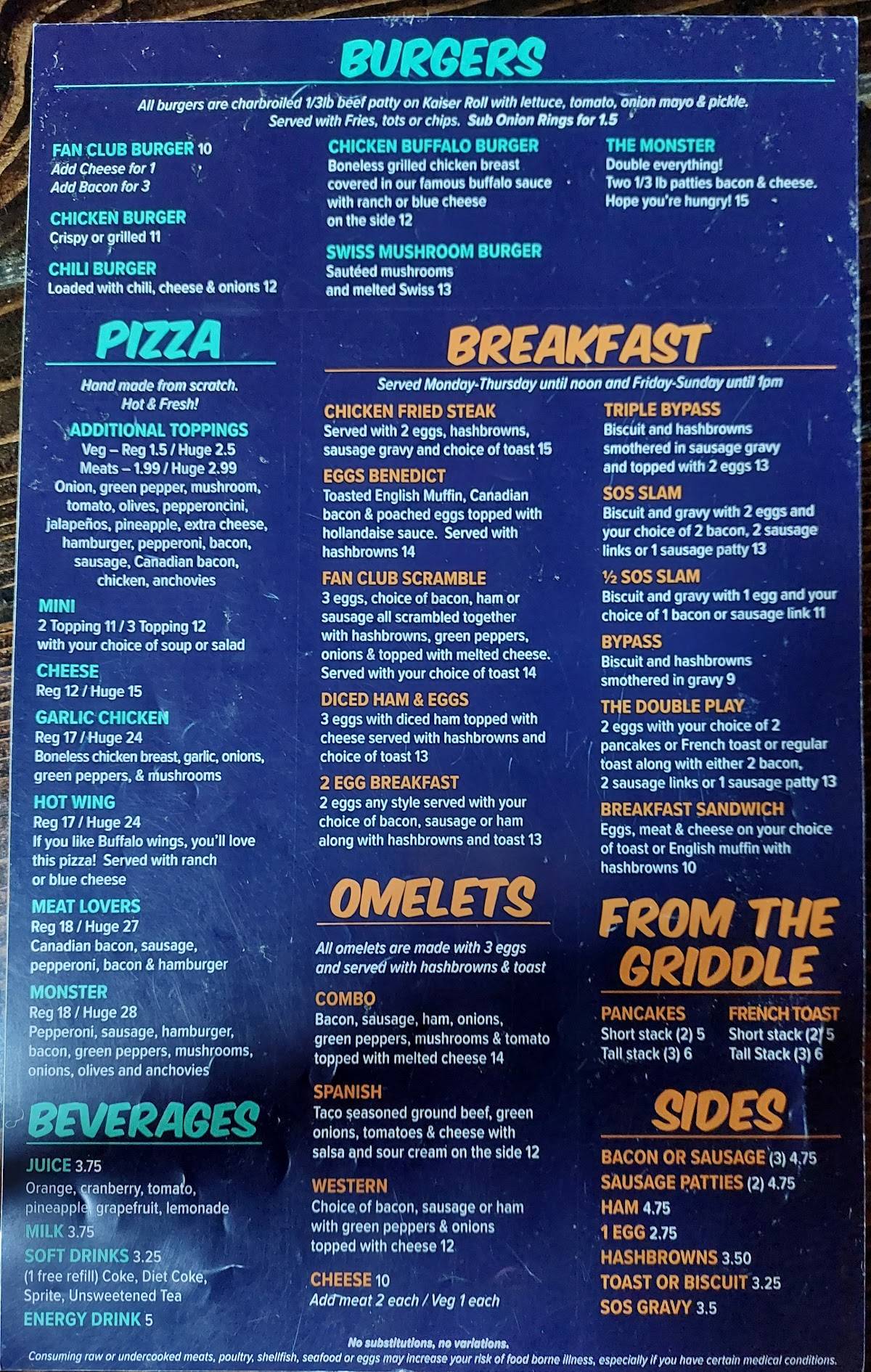 Menu at The Fan Club Sports Bar, Lakewood