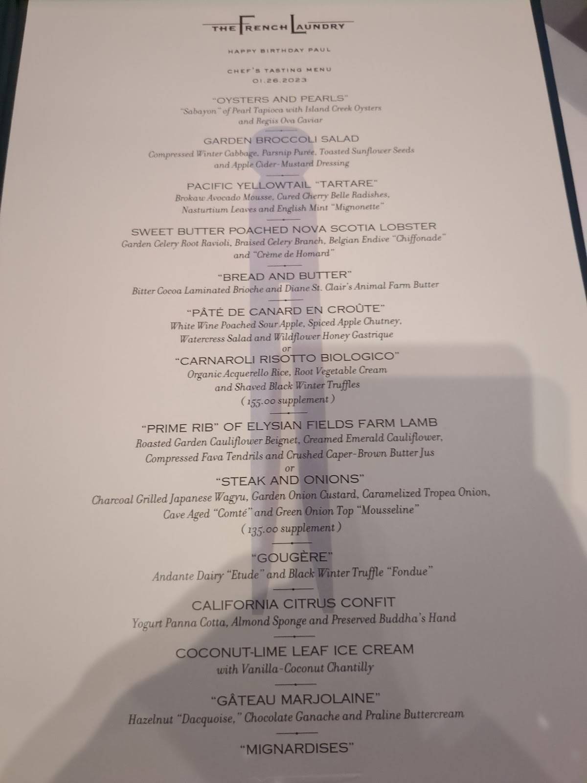 Menu at The French Laundry restaurant, Yountville