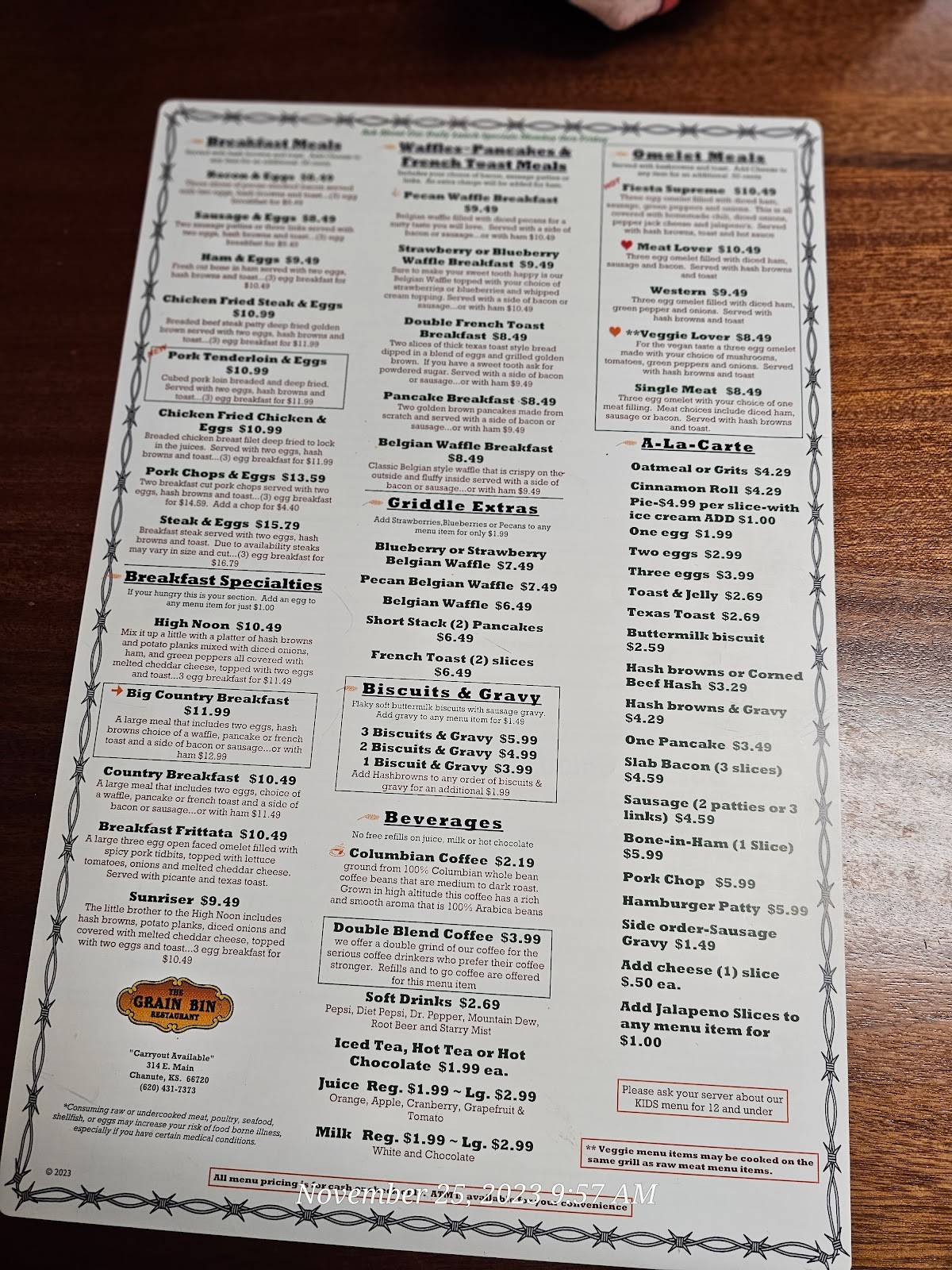 Menu at The Grain Bin Restaurant, Chanute