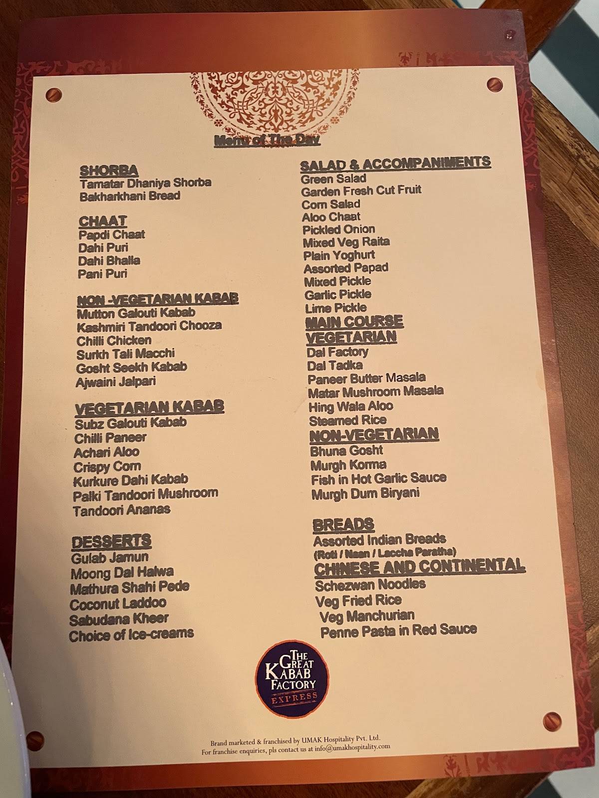 The Great Kabab Factory Express menu
